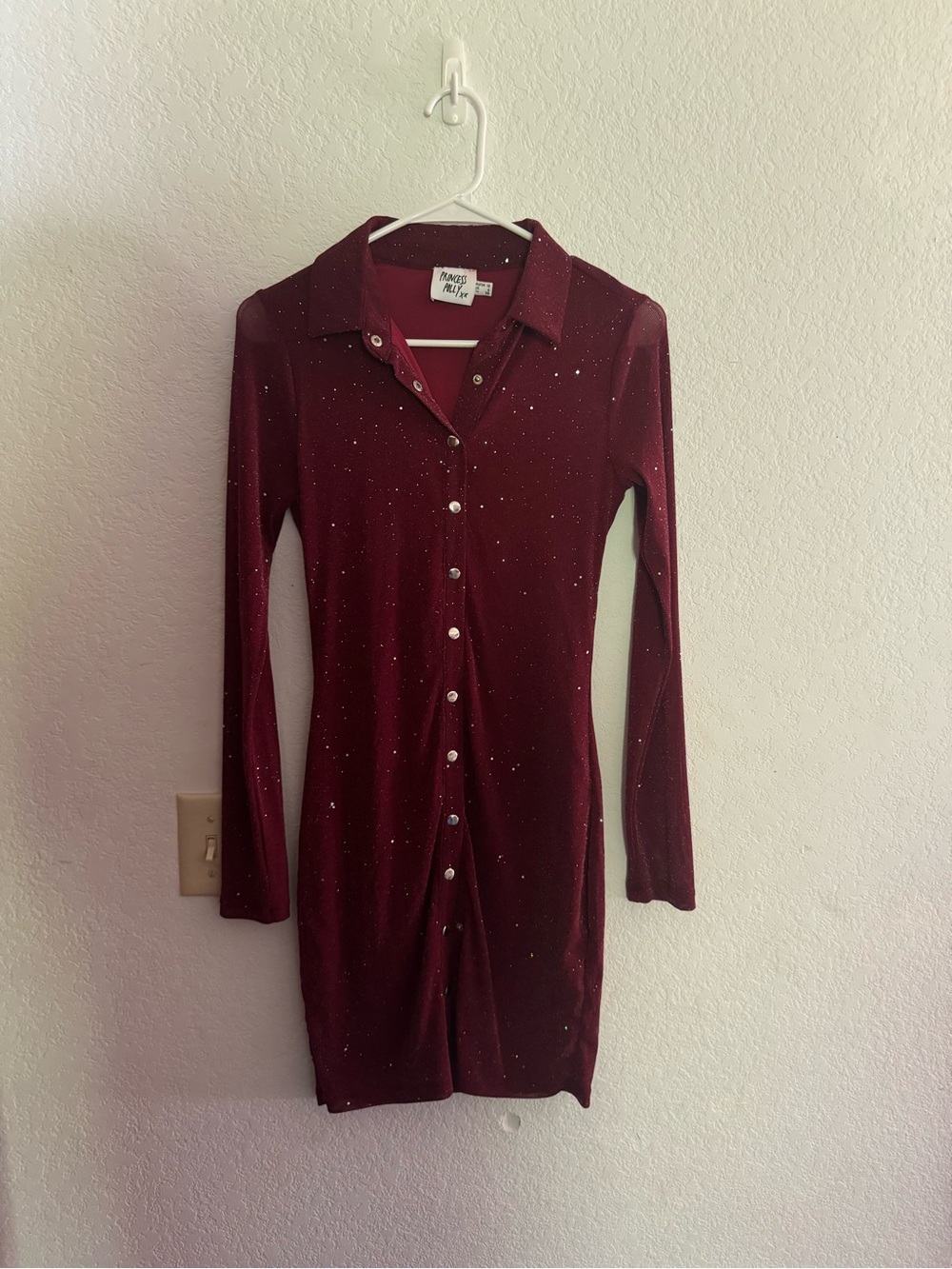 Princess Polly Burgundy Long-Sleeve Button Front Dress with Sparkle